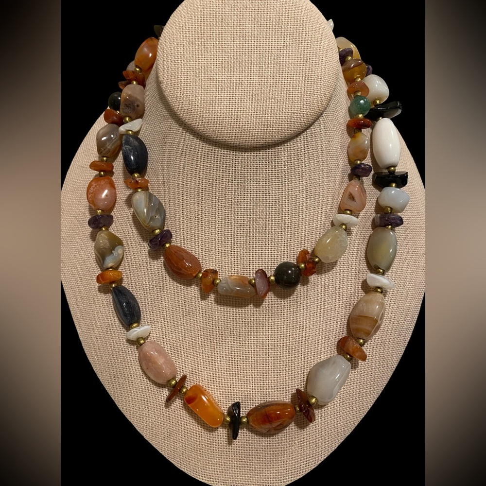 Polished Mixed Agate Stone Traveler Beggar Beads Necklace (with stone chips)